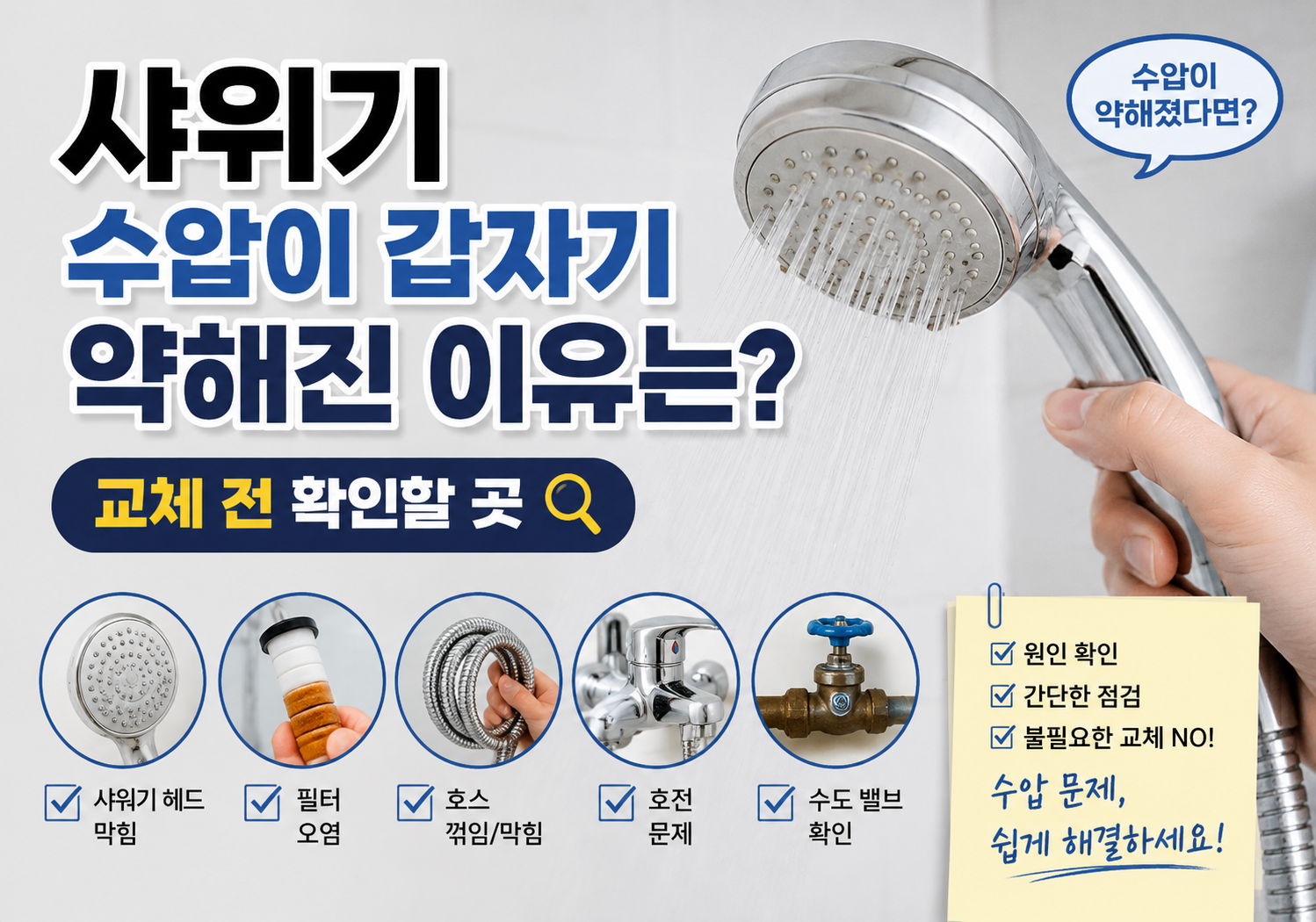 샤워기 수압이 갑자기 약해진 이유는? 교체 전 확인할 곳